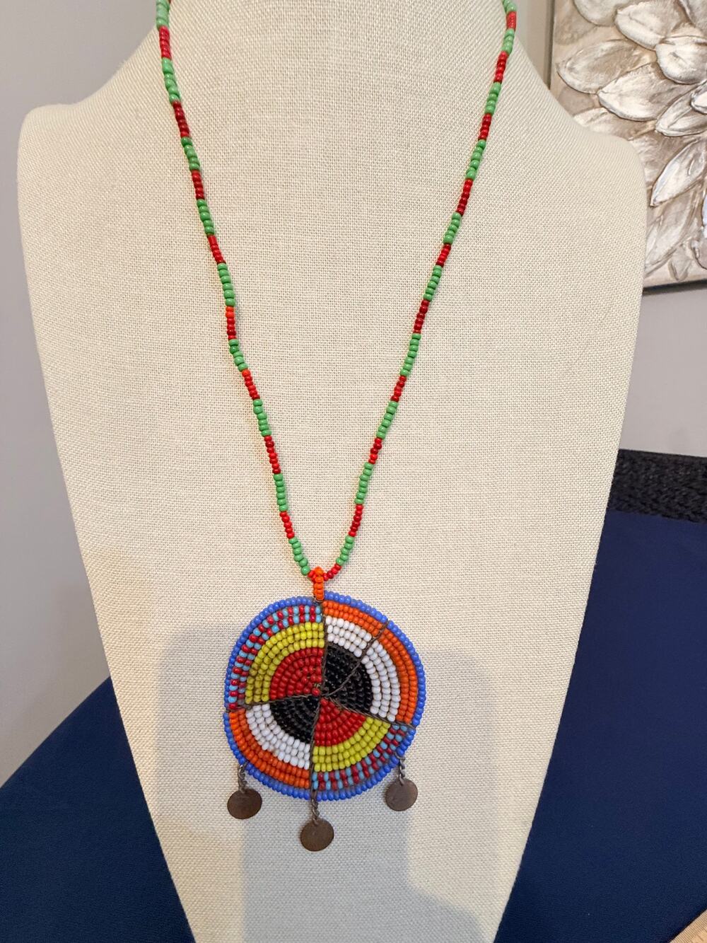 Vintage Handmade Beaded Tribal inspired Pendant Necklace 26”